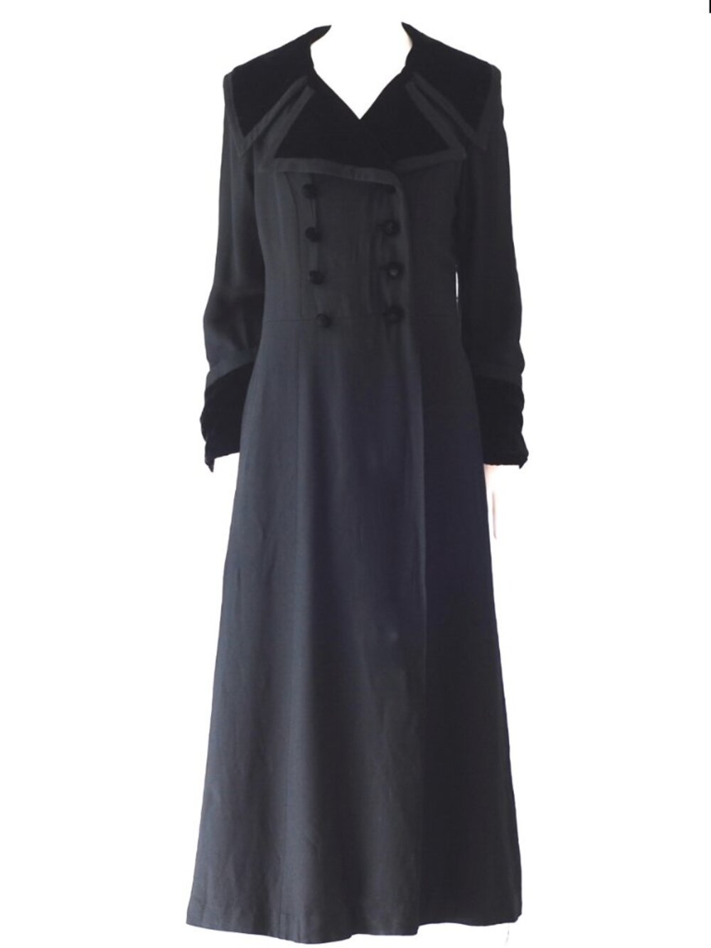 1930's Or 1940's Double Breasted Black Maxi Coat With Velvet Accents
